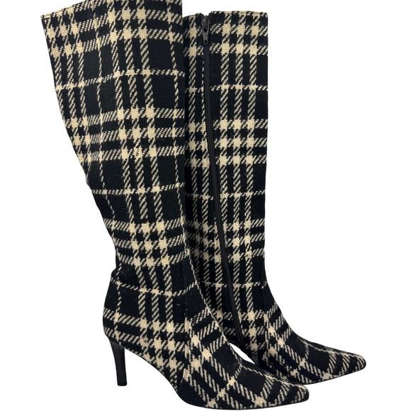 Burberry Shoes - Burberry Boots 37 Black Plaid Wool Pointed Toe Stiletto Knee High Houndstooth